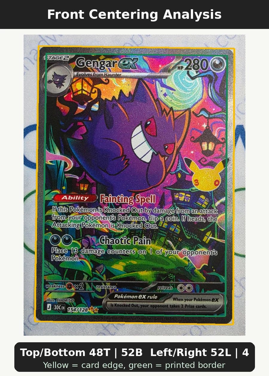 Gengar ex 154/128 30th Celebration front centering analysis showing Top/Bottom 48T | 52B and Left/Right 52L | 48R.
