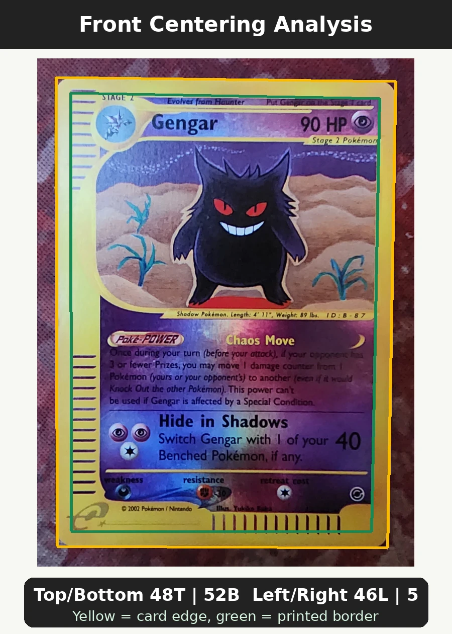 Gengar 048/165 (Reverse Holo) Expedition Base Set front centering analysis showing Top/Bottom 48T | 52B and Left/Right 46L | 54R.