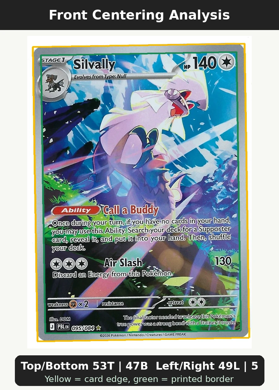 Silvally 095/84 Pitch Black front centering analysis showing Top/Bottom 53T | 47B and Left/Right 49L | 51R.
