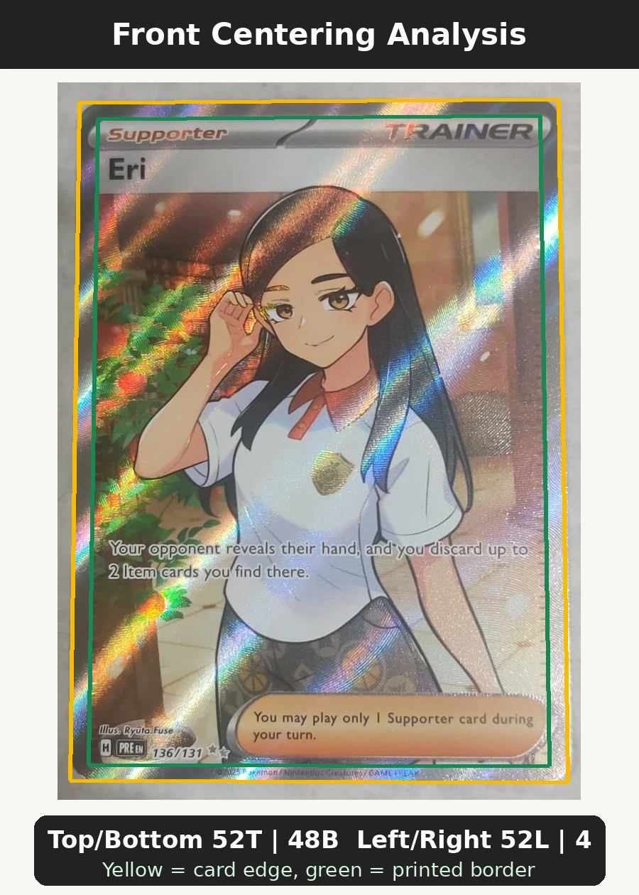 Eri 136/131 Prismatic Evolutions front centering analysis showing Top/Bottom 52T | 48B and Left/Right 52L | 48R.