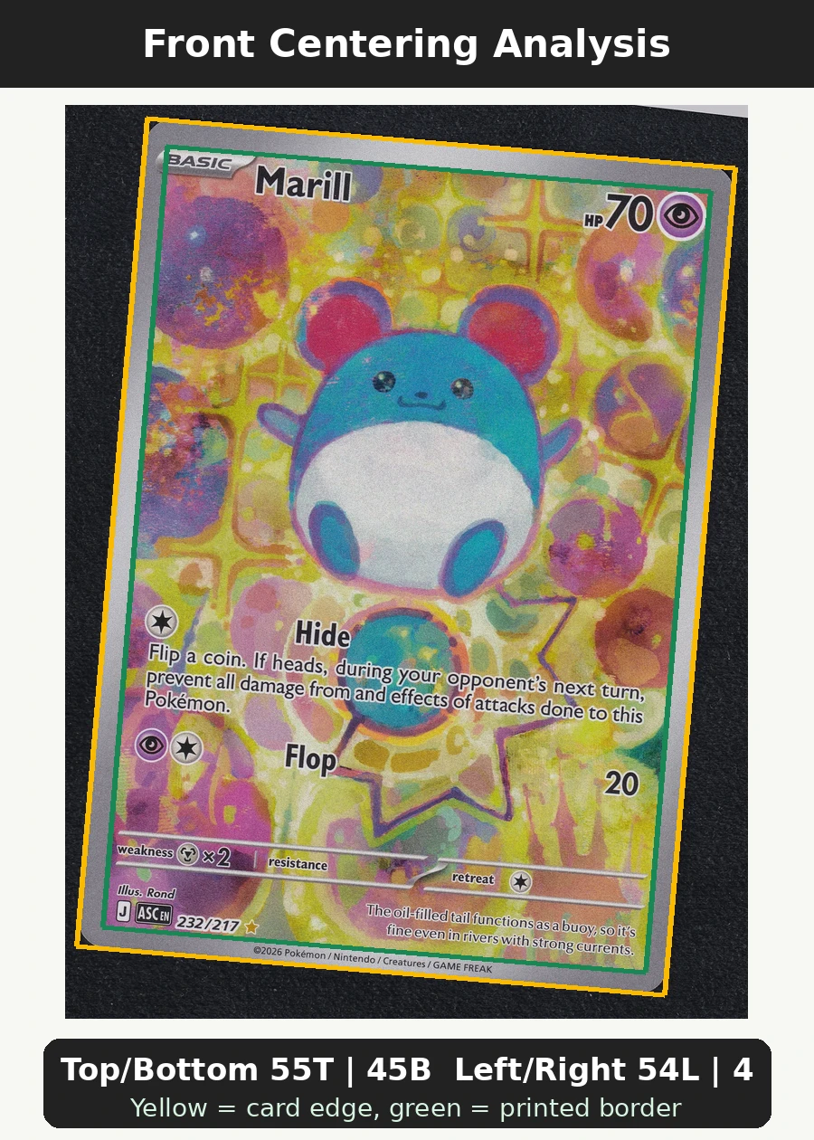 Marill 232/217 Ascended Heroes front centering analysis showing Top/Bottom 55T | 45B and Left/Right 54L | 46R.
