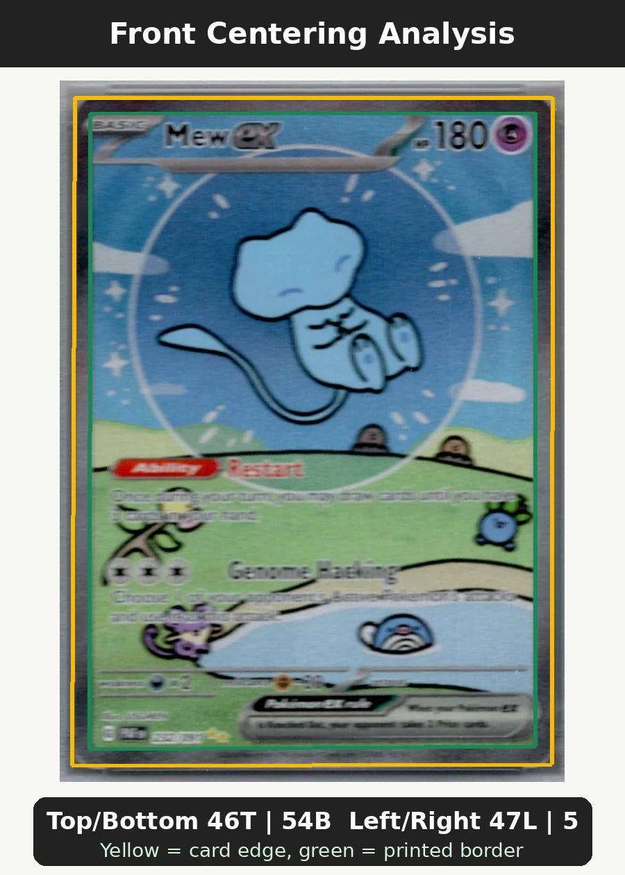 Mew ex 232/91 Paldean Fates front centering analysis showing Top/Bottom 46T | 54B and Left/Right 47L | 53R.
