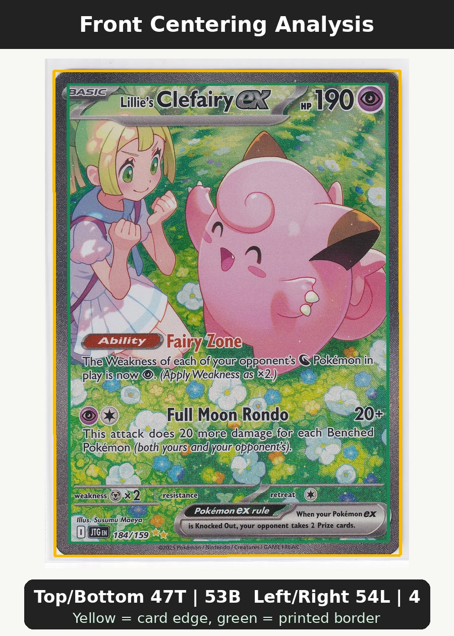 Lillie's Clefairy ex 184/159 Journey Together front centering analysis showing Top/Bottom 47T | 53B and Left/Right 54L | 46R.
