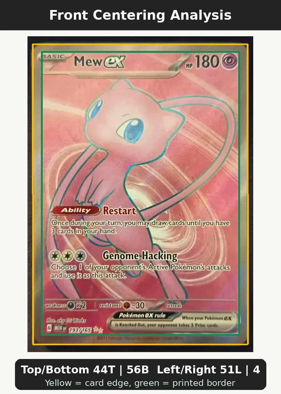 Mew ex 193/165 151 front centering analysis showing Top/Bottom 44T | 56B and Left/Right 51L | 49R.