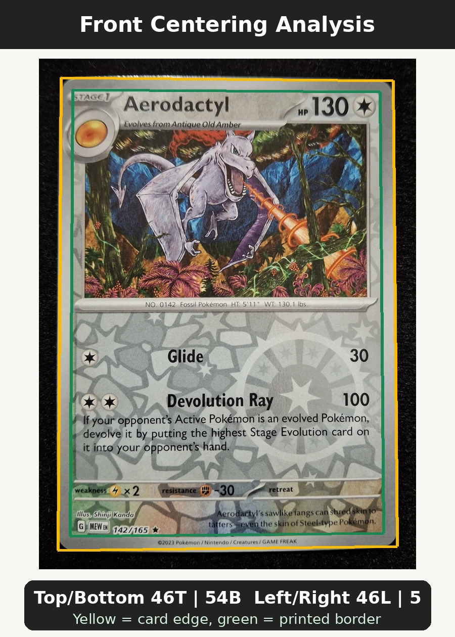Aerodactyl 142/165 151 front centering analysis showing Top/Bottom 46T | 54B and Left/Right 46L | 54R.