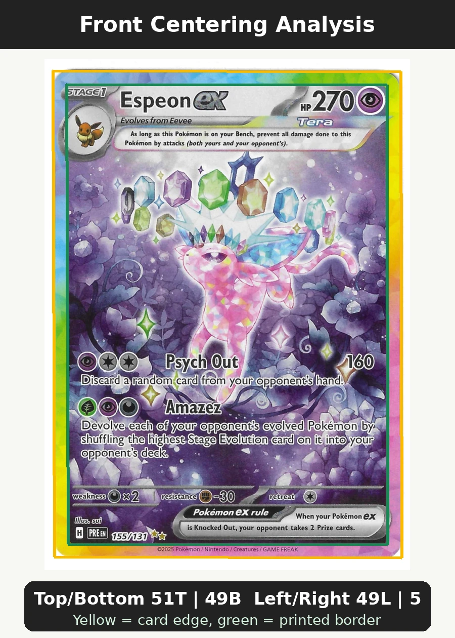 Espeon ex 155/131 Prismatic Evolutions front centering analysis showing Top/Bottom 51T | 49B and Left/Right 49L | 51R.