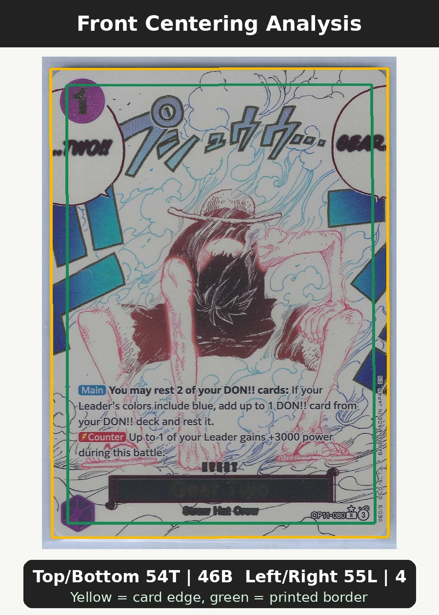 Gear Two (OP11-080) - SP OP11-080 A Fist of Divine Speed front centering analysis showing Top/Bottom 54T | 46B and Left/Right 55L | 45R.