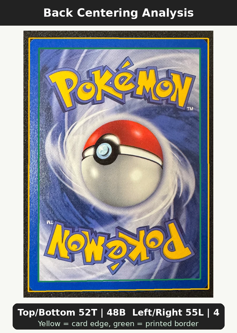 Poliwrath 009/75 Neo Discovery back centering analysis showing Top/Bottom 52T | 48B and Left/Right 55L | 45R.