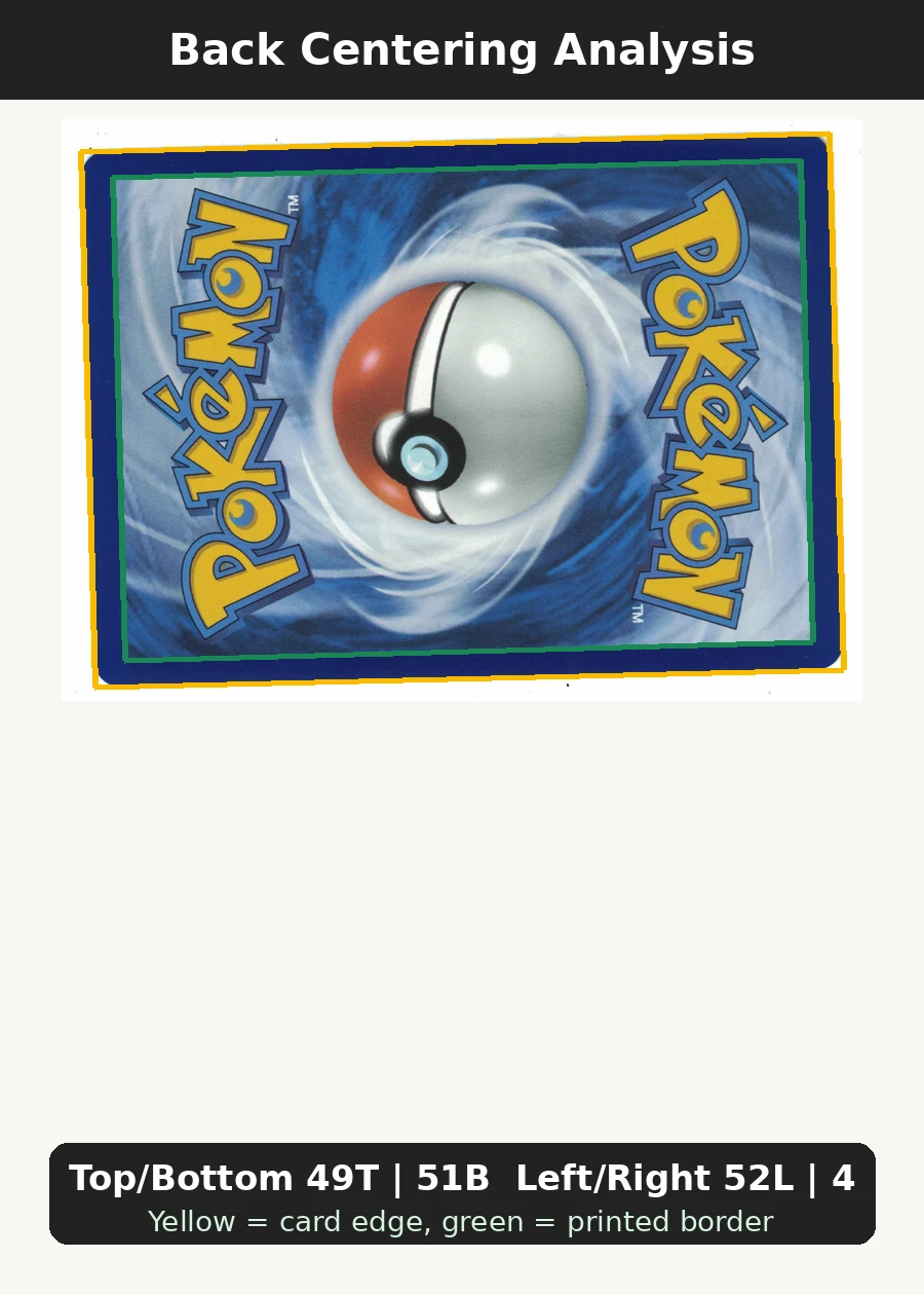 Ampharos 090/86 Chaos Rising back centering analysis showing Top/Bottom 49T | 51B and Left/Right 52L | 48R.