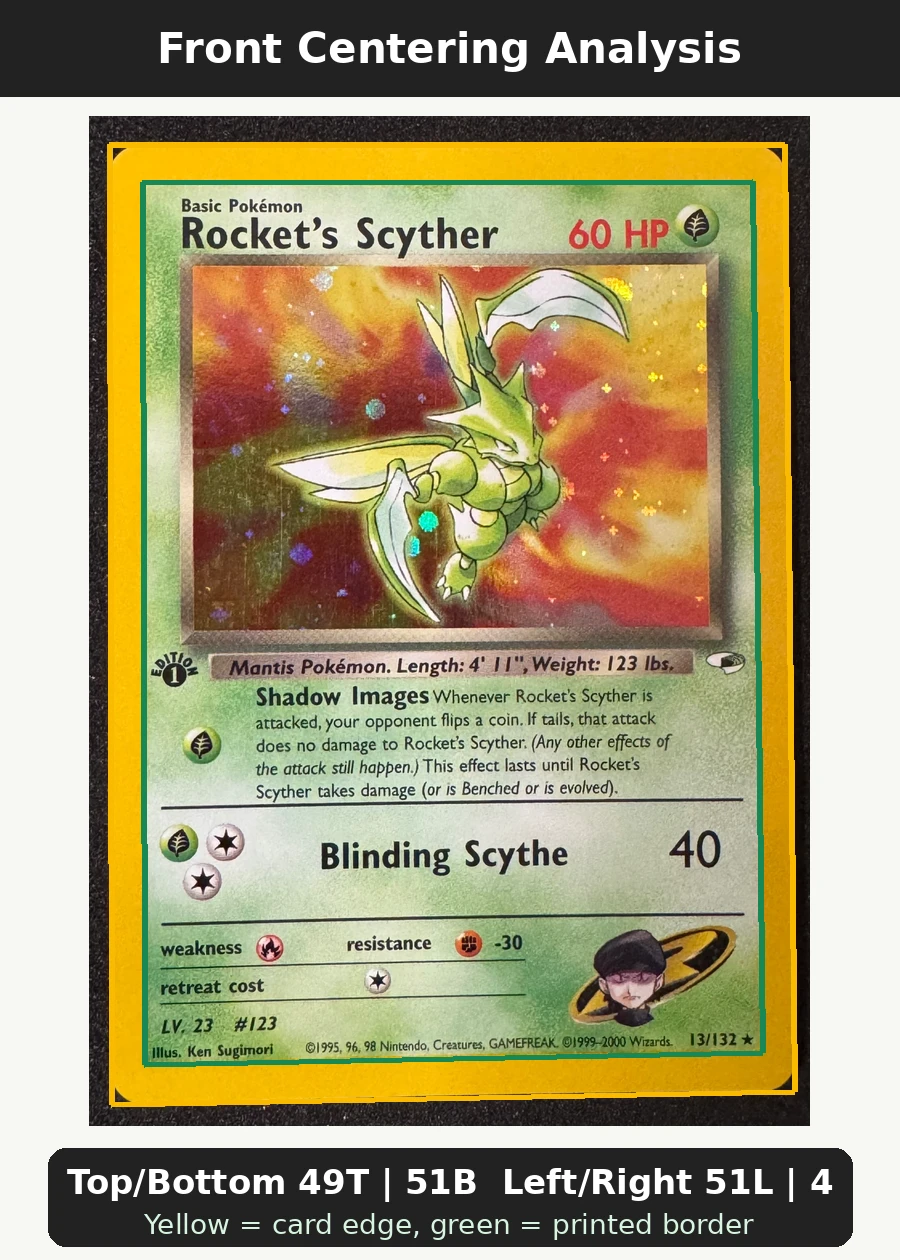 Rocket's Scyther 013/132 Gym Heroes front centering analysis showing Top/Bottom 49T | 51B and Left/Right 51L | 49R.