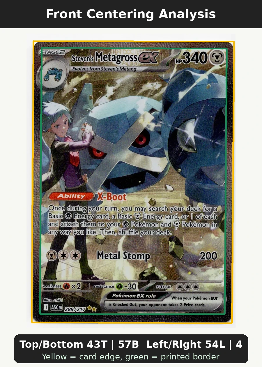 Steven's Metagross ex 289/217 Ascended Heroes front centering analysis showing Top/Bottom 43T | 57B and Left/Right 54L | 46R.