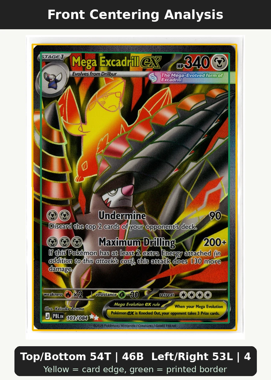 Mega Excadrill ex 103/84 Pitch Black front centering analysis showing Top/Bottom 54T | 46B and Left/Right 53L | 47R.