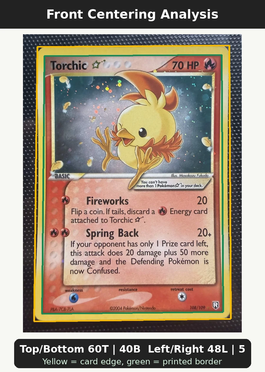 Torchic Star 108/109 Team Rocket Returns front centering analysis showing Top/Bottom 60T | 40B and Left/Right 48L | 52R.