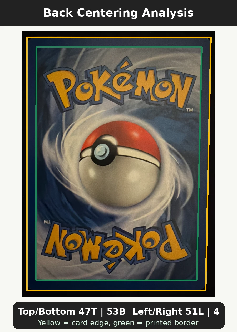 Umbreon 013/75 Neo Discovery back centering analysis showing Top/Bottom 47T | 53B and Left/Right 51L | 49R.