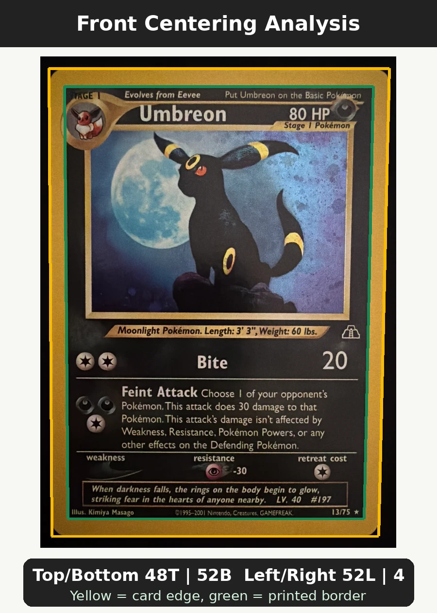 Umbreon 013/75 Neo Discovery front centering analysis showing Top/Bottom 48T | 52B and Left/Right 52L | 48R.