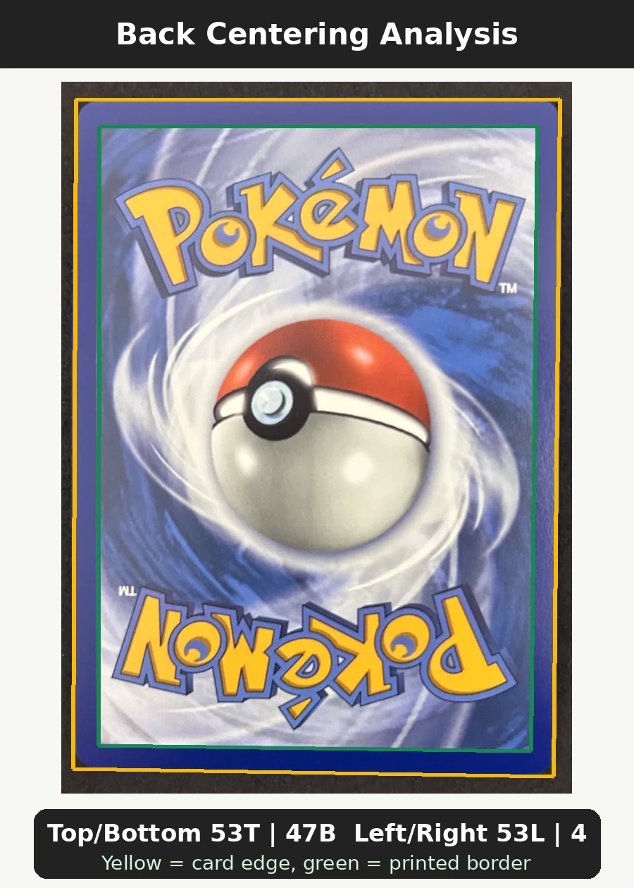 Squirtle 039 MEP Black Star Promos back centering analysis showing Top/Bottom 53T | 47B and Left/Right 53L | 47R.