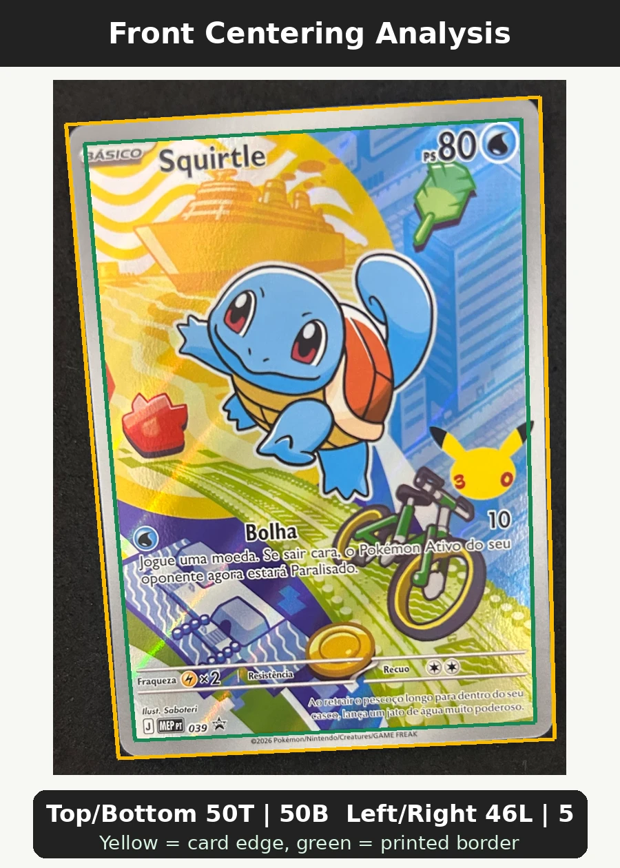 Squirtle 039 MEP Black Star Promos front centering analysis showing Top/Bottom 50T | 50B and Left/Right 46L | 54R.