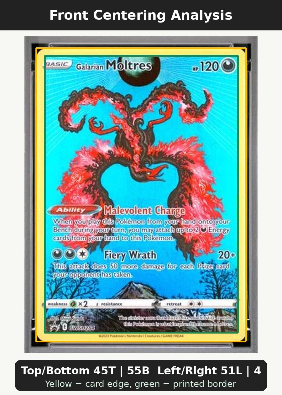 Galarian Moltres SWSH284/307 SWSH Black Star Promos front centering analysis showing Top/Bottom 45T | 55B and Left/Right 51L | 49R.