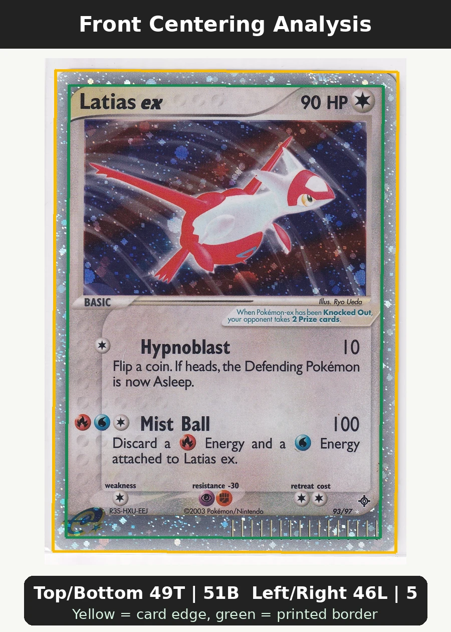 Latias ex 093/97 Dragon front centering analysis showing Top/Bottom 49T | 51B and Left/Right 46L | 54R.