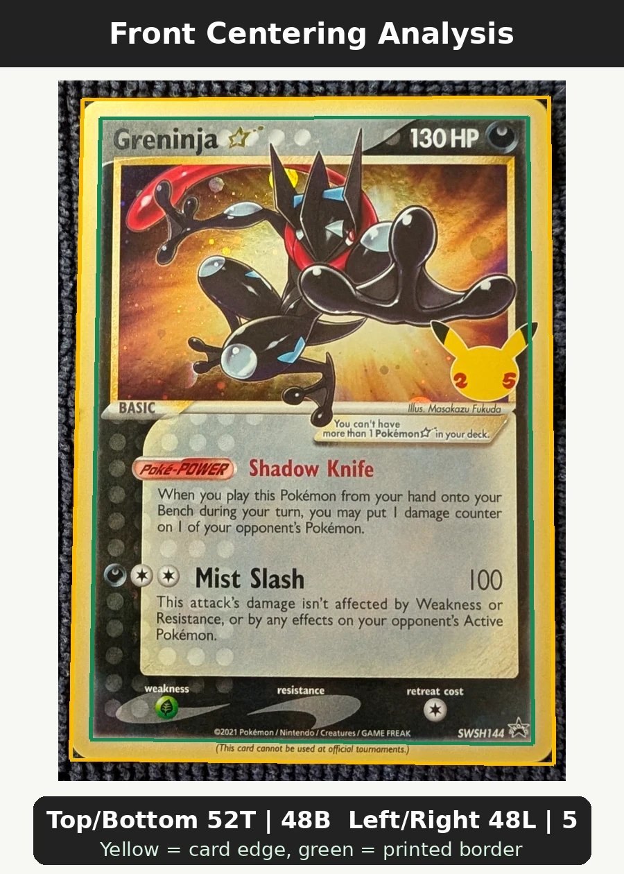 Greninja {star} SWSH144/307 SWSH Black Star Promos front centering analysis showing Top/Bottom 52T | 48B and Left/Right 48L | 52R.