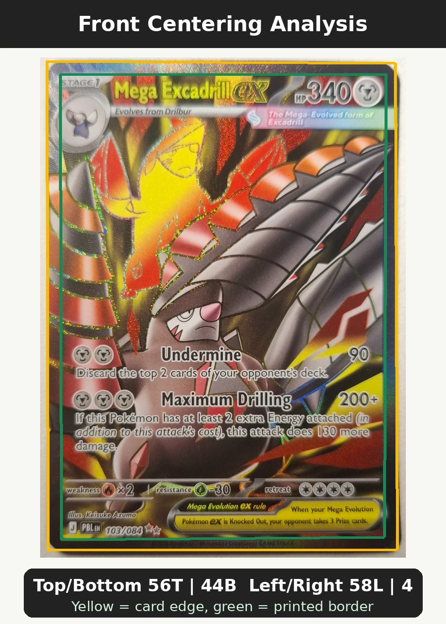 Mega Excadrill ex 103/84 Pitch Black front centering analysis showing Top/Bottom 56T | 44B and Left/Right 58L | 42R.