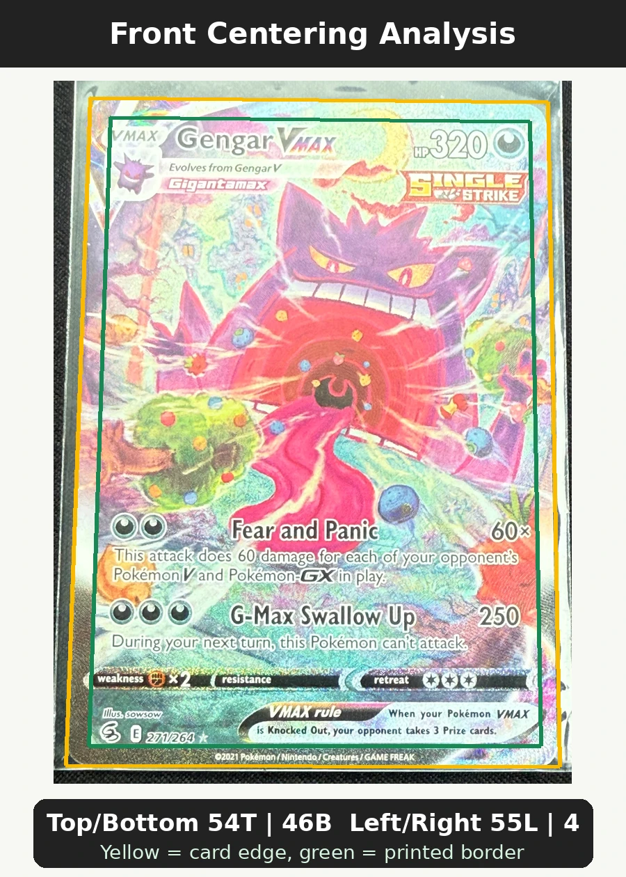 Gengar VMAX 271/264 Fusion Strike front centering analysis showing Top/Bottom 54T | 46B and Left/Right 55L | 45R.