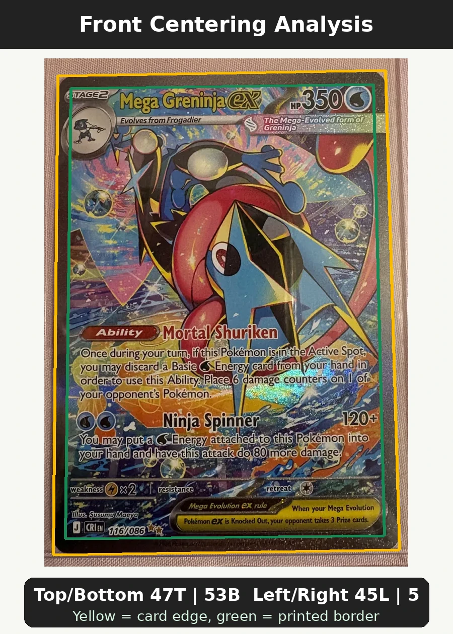 Mega Greninja ex 116/86 Chaos Rising front centering analysis showing Top/Bottom 47T | 53B and Left/Right 45L | 55R.
