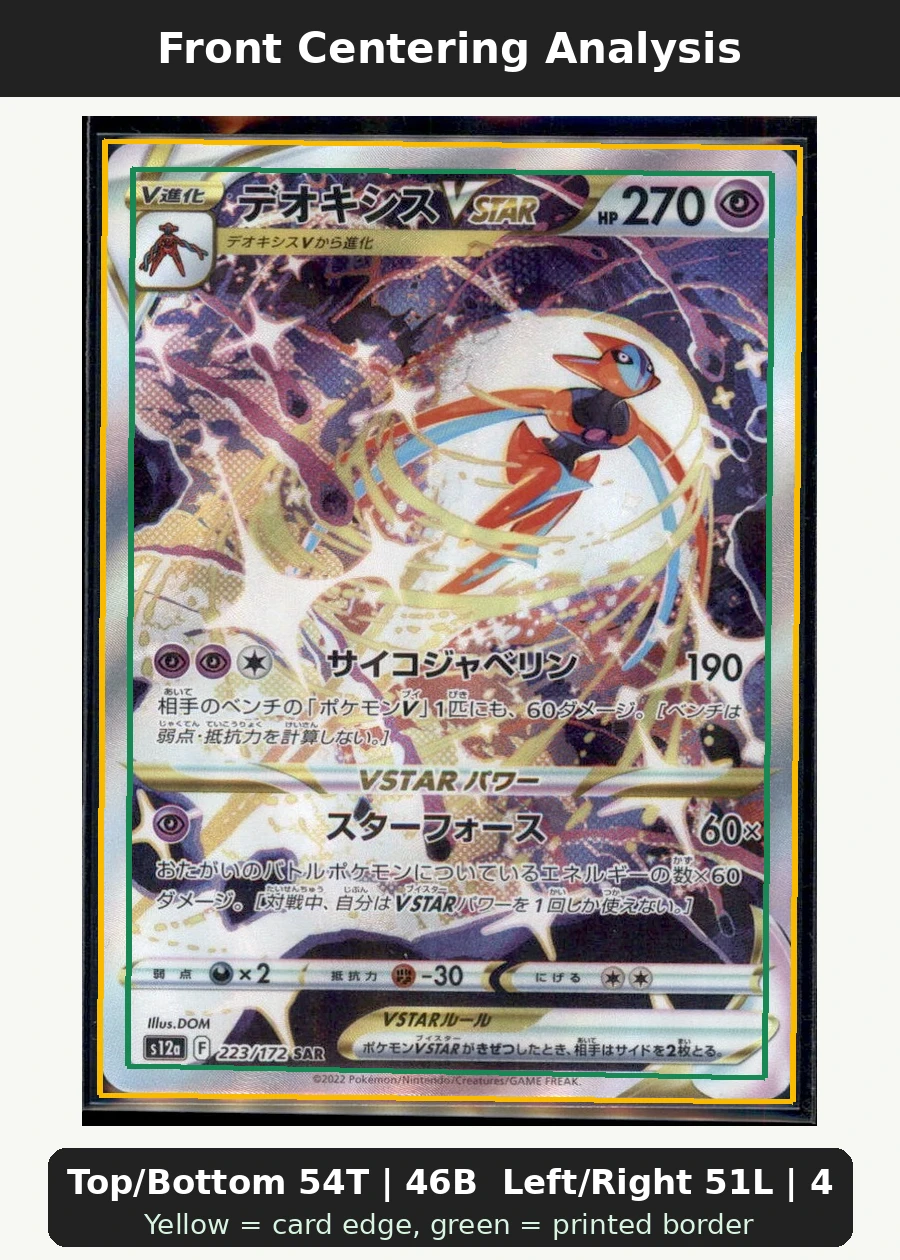 Deoxys VSTAR GG46/159 Crown Zenith front centering analysis showing Top/Bottom 54T | 46B and Left/Right 51L | 49R.