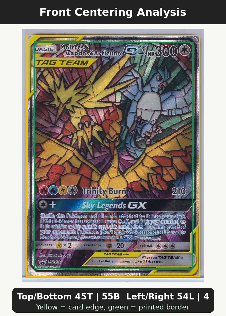 Moltres & Zapdos & Articuno GX SM210/248 SM Black Star Promos front centering analysis showing Top/Bottom 45T | 55B and Left/Right 54L | 46R.