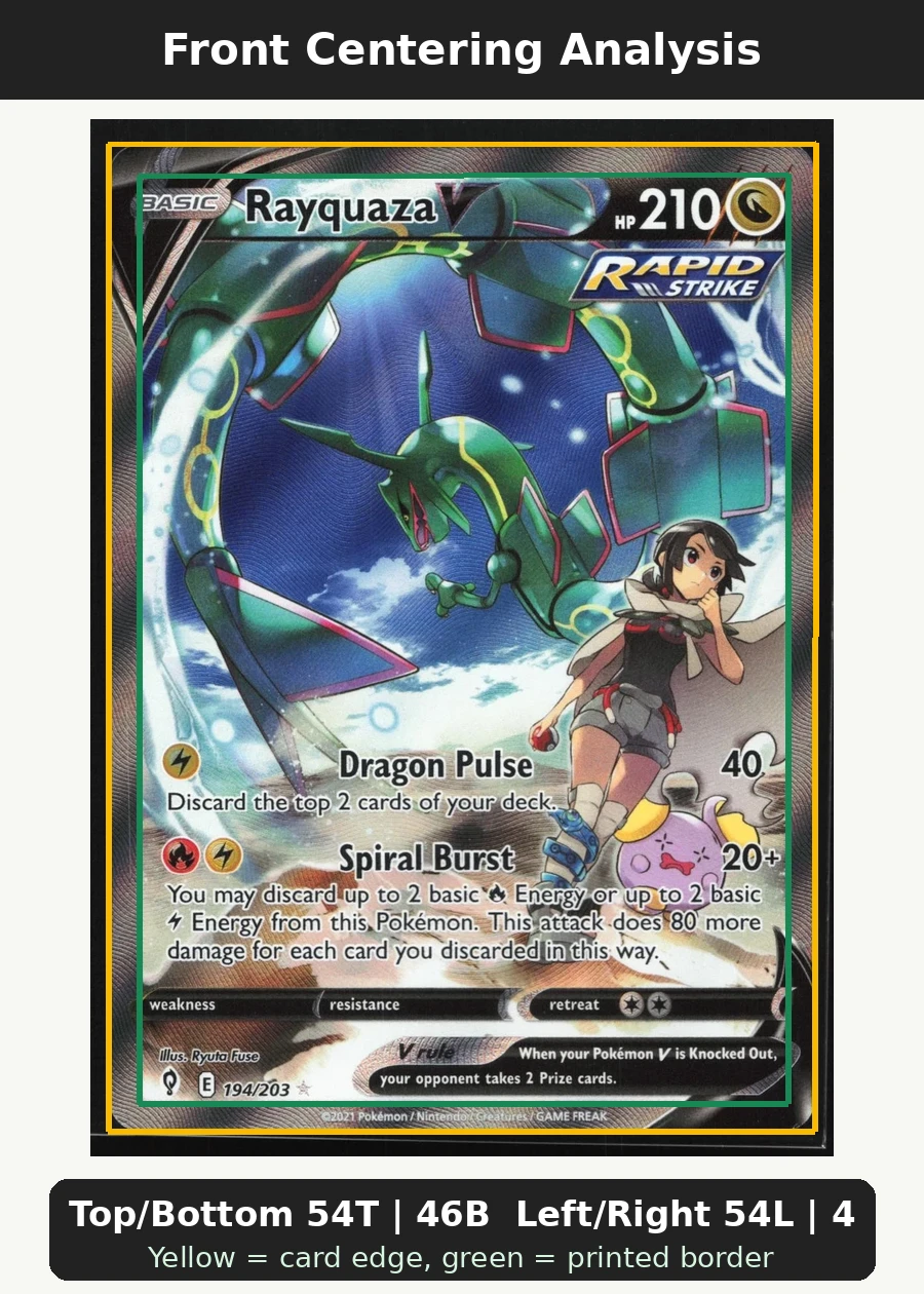 Rayquaza V 194/203 Evolving Skies front centering analysis showing Top/Bottom 54T | 46B and Left/Right 54L | 46R.