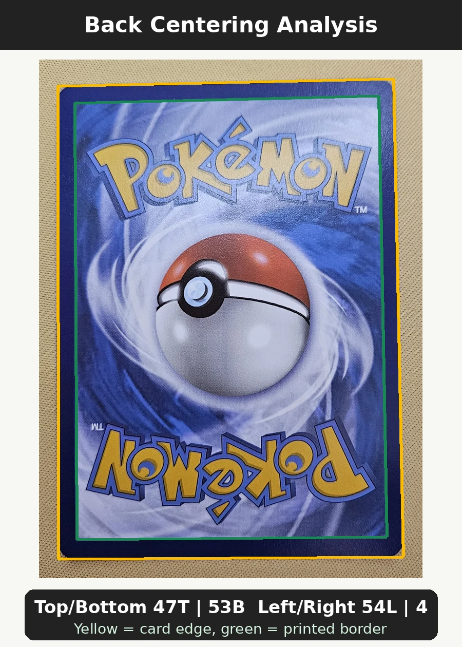 Pikachu 027/225 SVP Black Star Promos back centering analysis showing Top/Bottom 47T | 53B and Left/Right 54L | 46R.