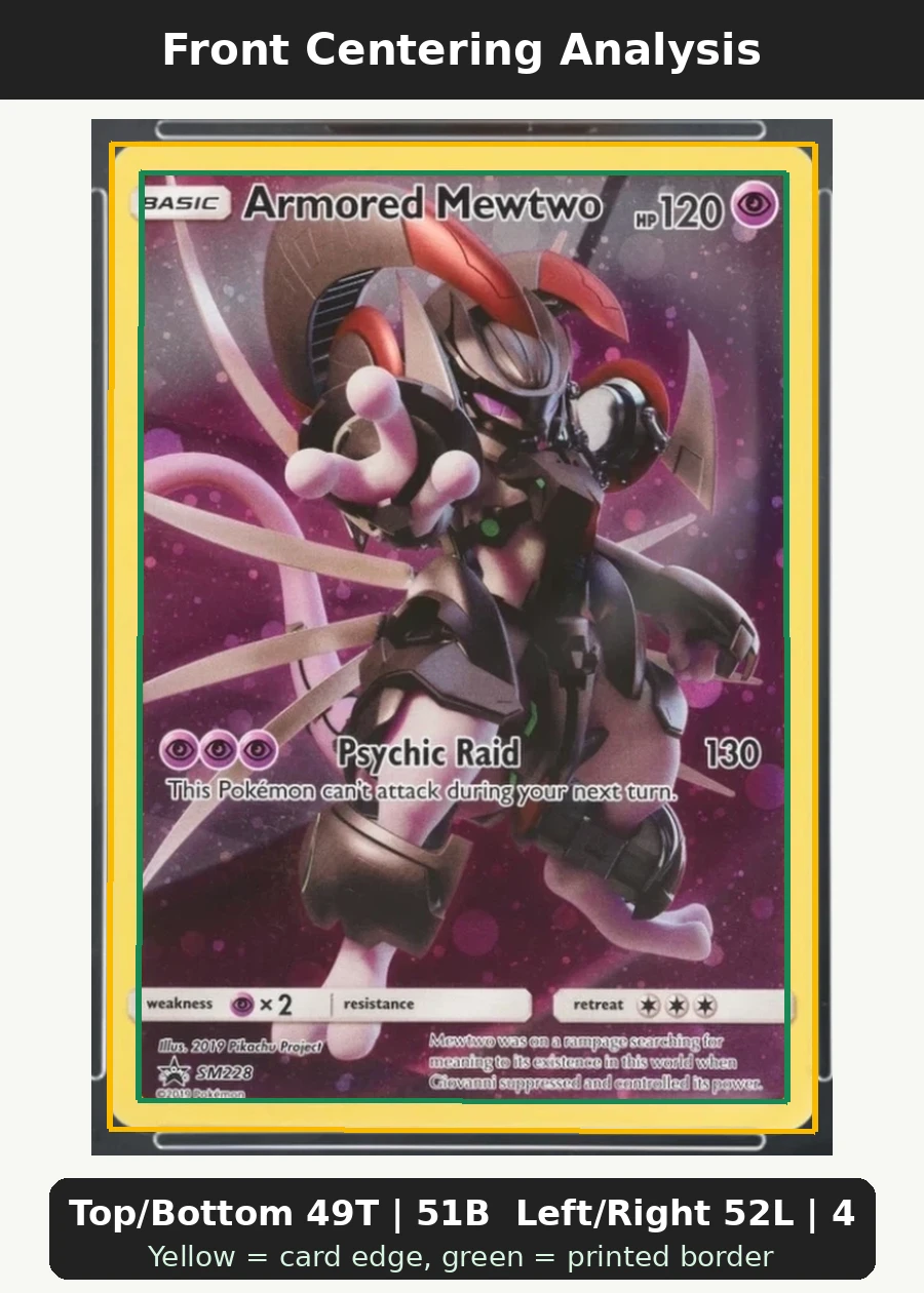Armored Mewtwo SM228/248 SM Black Star Promos front centering analysis showing Top/Bottom 49T | 51B and Left/Right 52L | 48R.