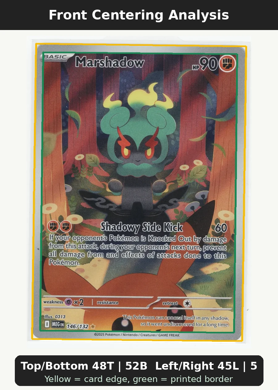 Marshadow 146/132 Mega Evolution front centering analysis showing Top/Bottom 48T | 52B and Left/Right 45L | 55R.