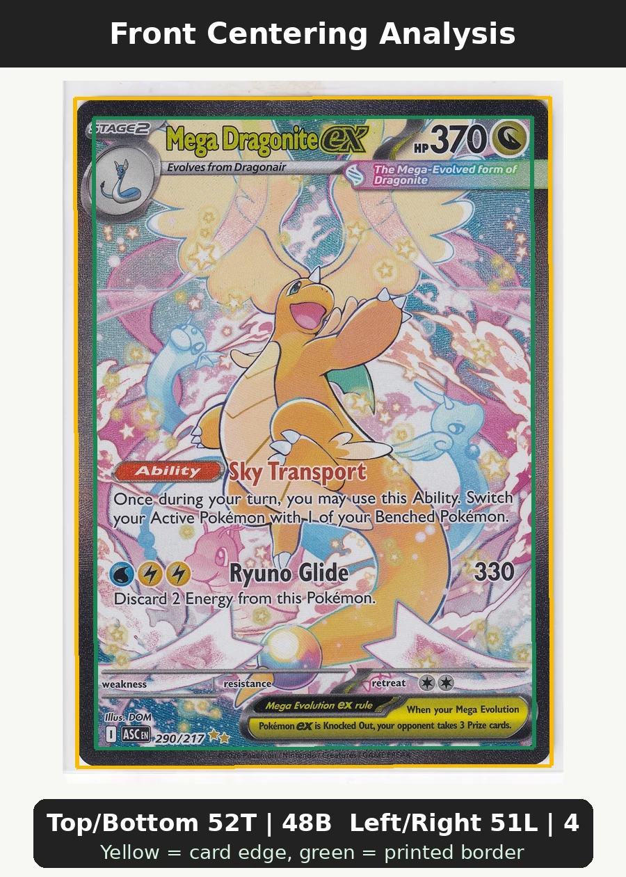 Mega Dragonite ex 290/217 Ascended Heroes front centering analysis showing Top/Bottom 52T | 48B and Left/Right 51L | 49R.
