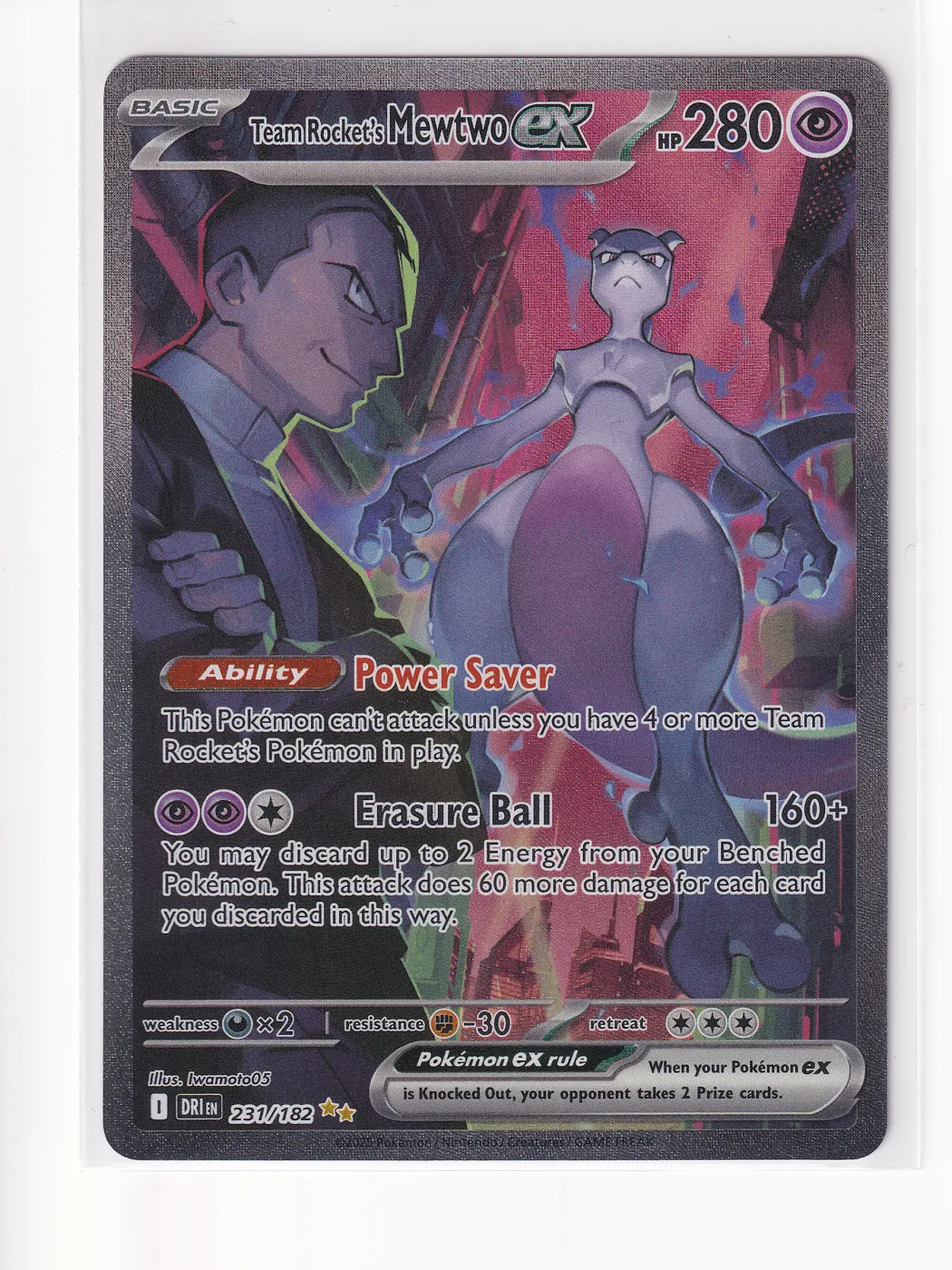 Team Rocket's Mewtwo ex 231/182 Destined Rivals front card photo in PokeToGrade pregrading report