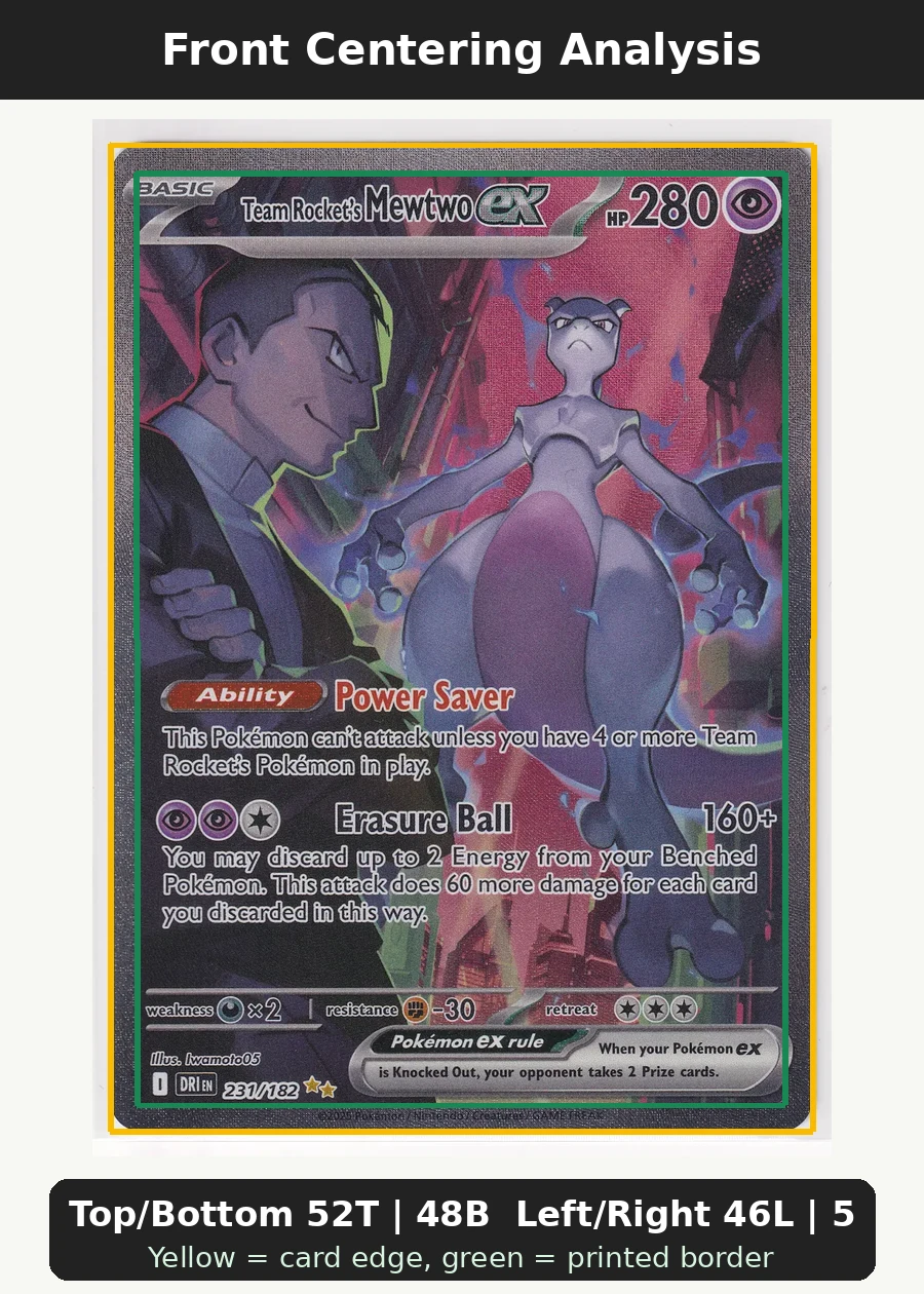 Team Rocket's Mewtwo ex 231/182 Destined Rivals front centering analysis showing Top/Bottom 52T | 48B and Left/Right 46L | 54R.