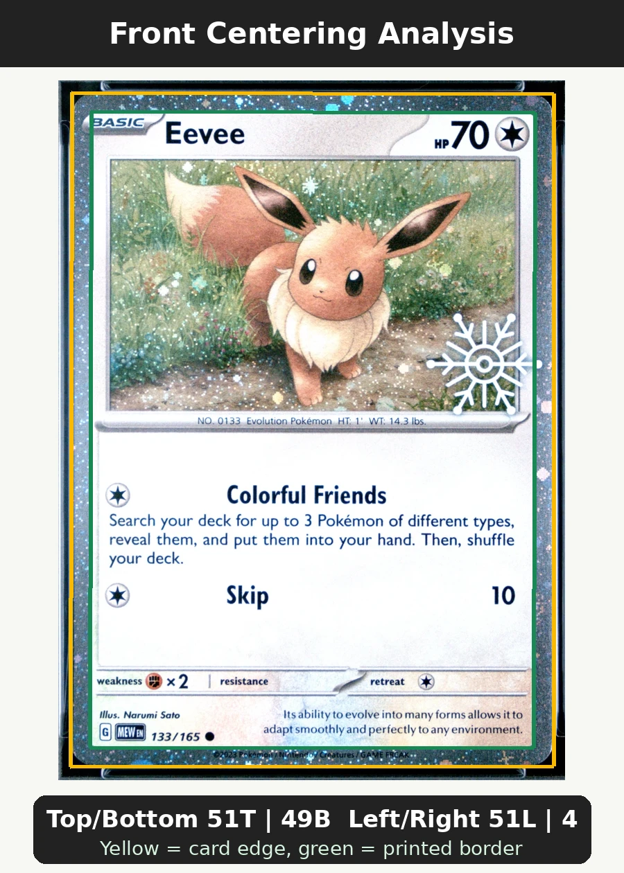 Eevee 133/165 151 front centering analysis showing Top/Bottom 51T | 49B and Left/Right 51L | 49R.