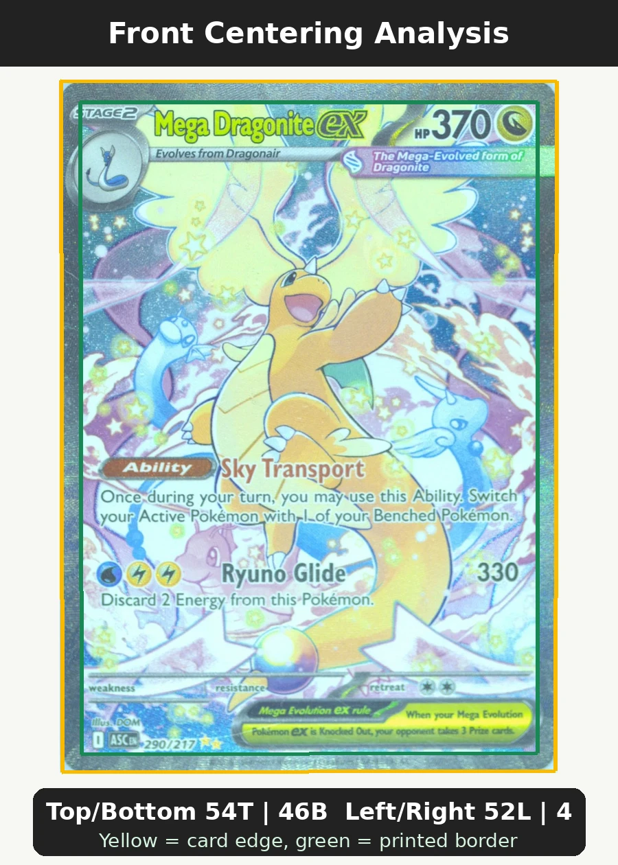 Mega Dragonite ex 290/217 Ascended Heroes front centering analysis showing Top/Bottom 54T | 46B and Left/Right 52L | 48R.