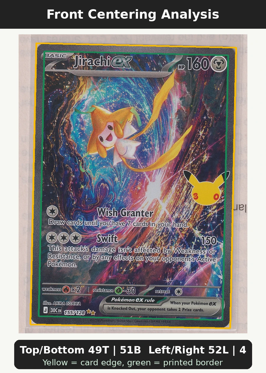 Jirachi ex 155/128 30th Celebration front centering analysis showing Top/Bottom 49T | 51B and Left/Right 52L | 48R.