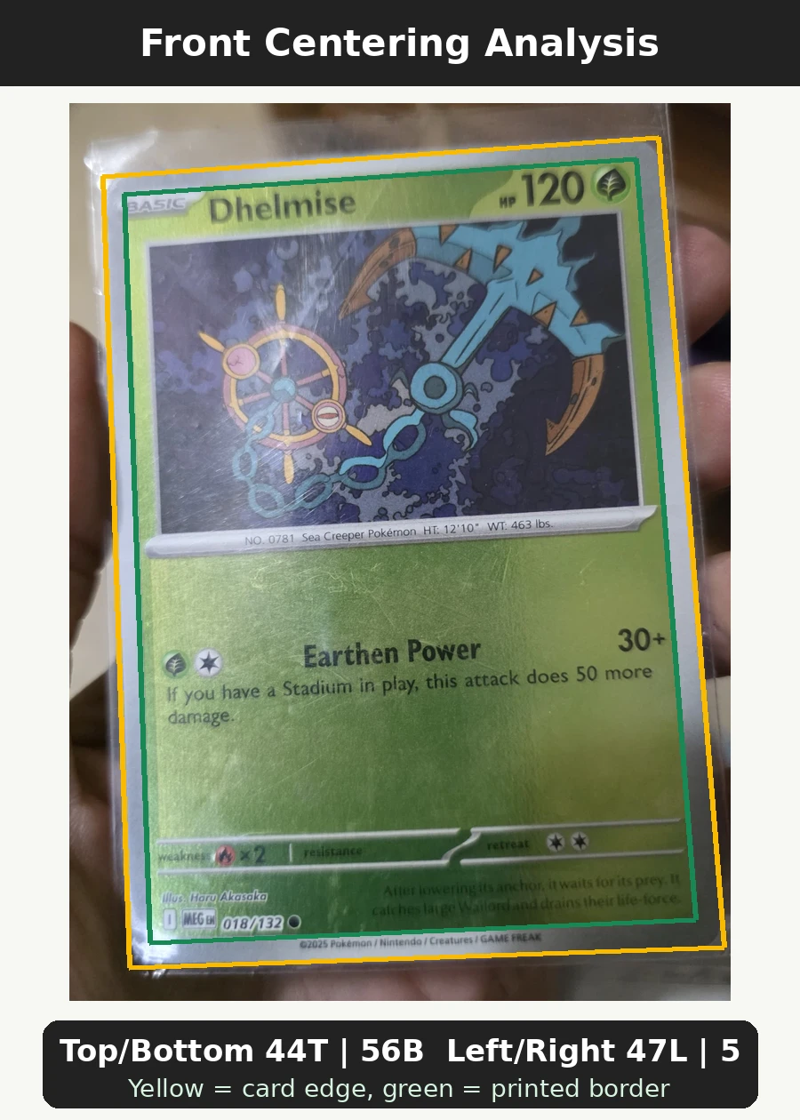 Dhelmise 018/132 Mega Evolution front centering analysis showing Top/Bottom 44T | 56B and Left/Right 47L | 53R.
