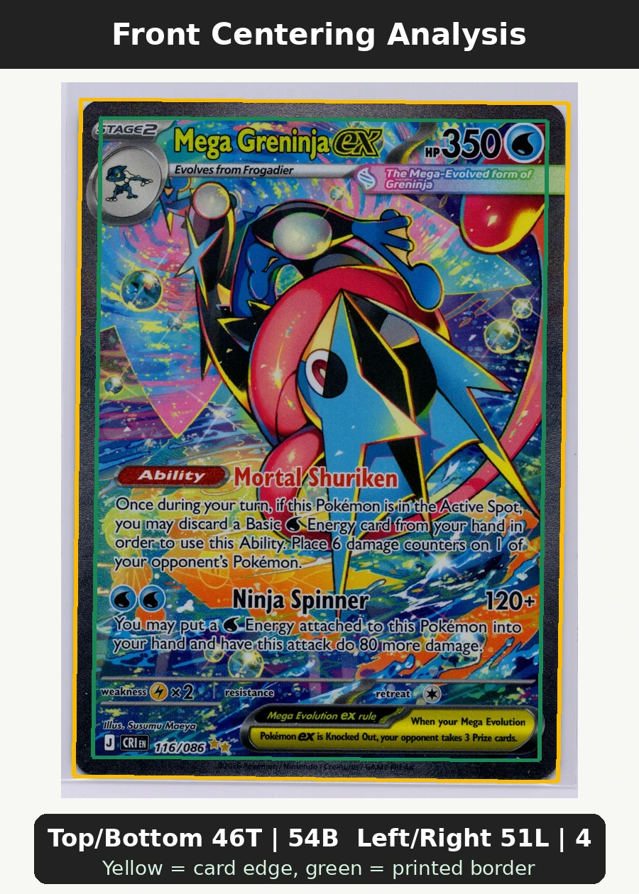 Mega Greninja ex 116/86 Chaos Rising front centering analysis showing Top/Bottom 46T | 54B and Left/Right 51L | 49R.