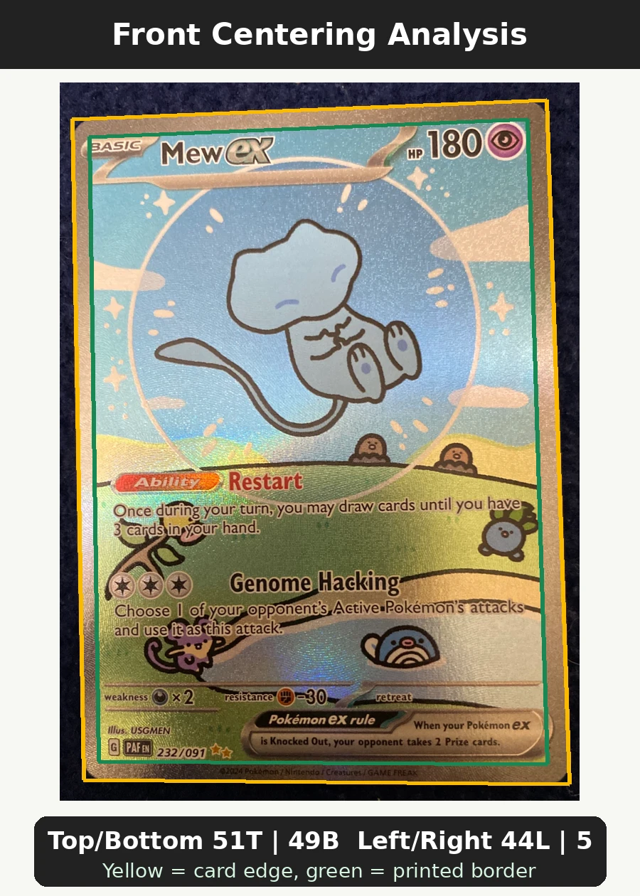Mew ex 232/91 Paldean Fates front centering analysis showing Top/Bottom 51T | 49B and Left/Right 44L | 56R.