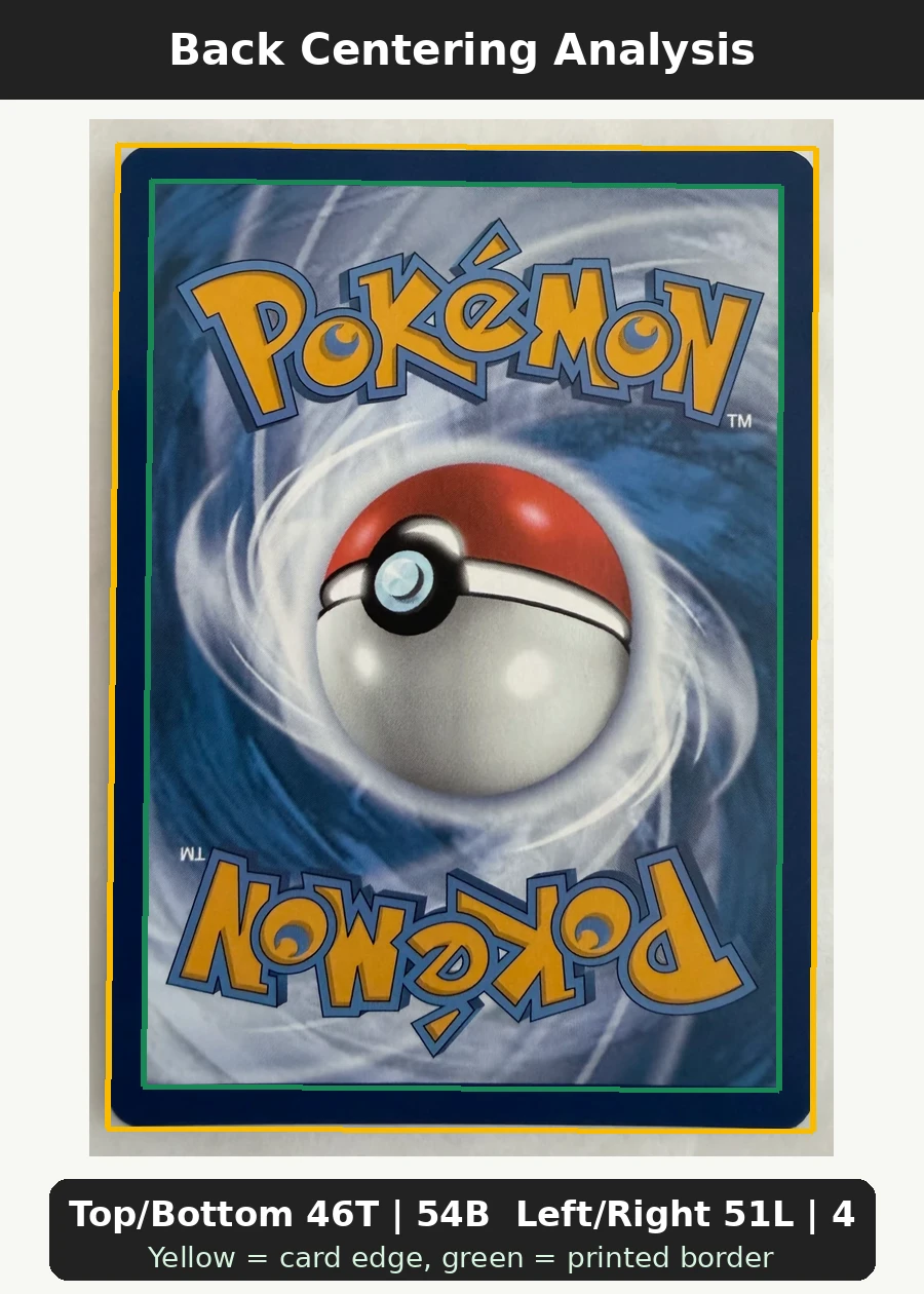 Pikachu 027/225 SVP Black Star Promos back centering analysis showing Top/Bottom 46T | 54B and Left/Right 51L | 49R.