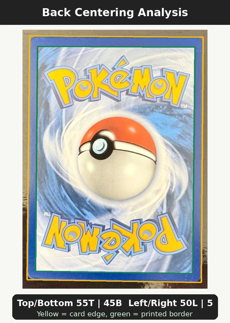 Vaporeon 134/165 151 back centering analysis showing Top/Bottom 55T | 45B and Left/Right 50L | 50R.