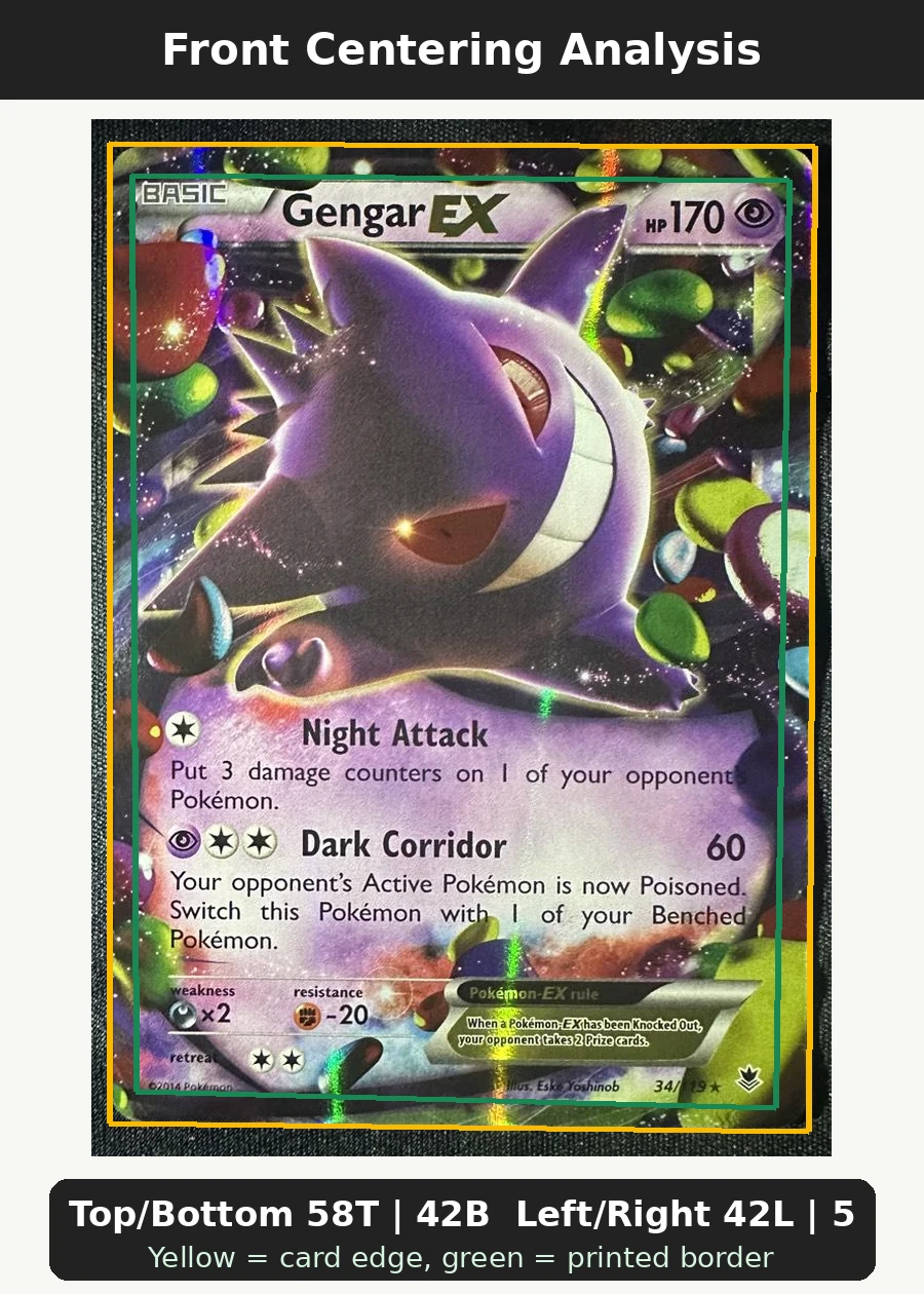 Gengar EX 034/119 Phantom Forces front centering analysis showing Top/Bottom 58T | 42B and Left/Right 42L | 58R.