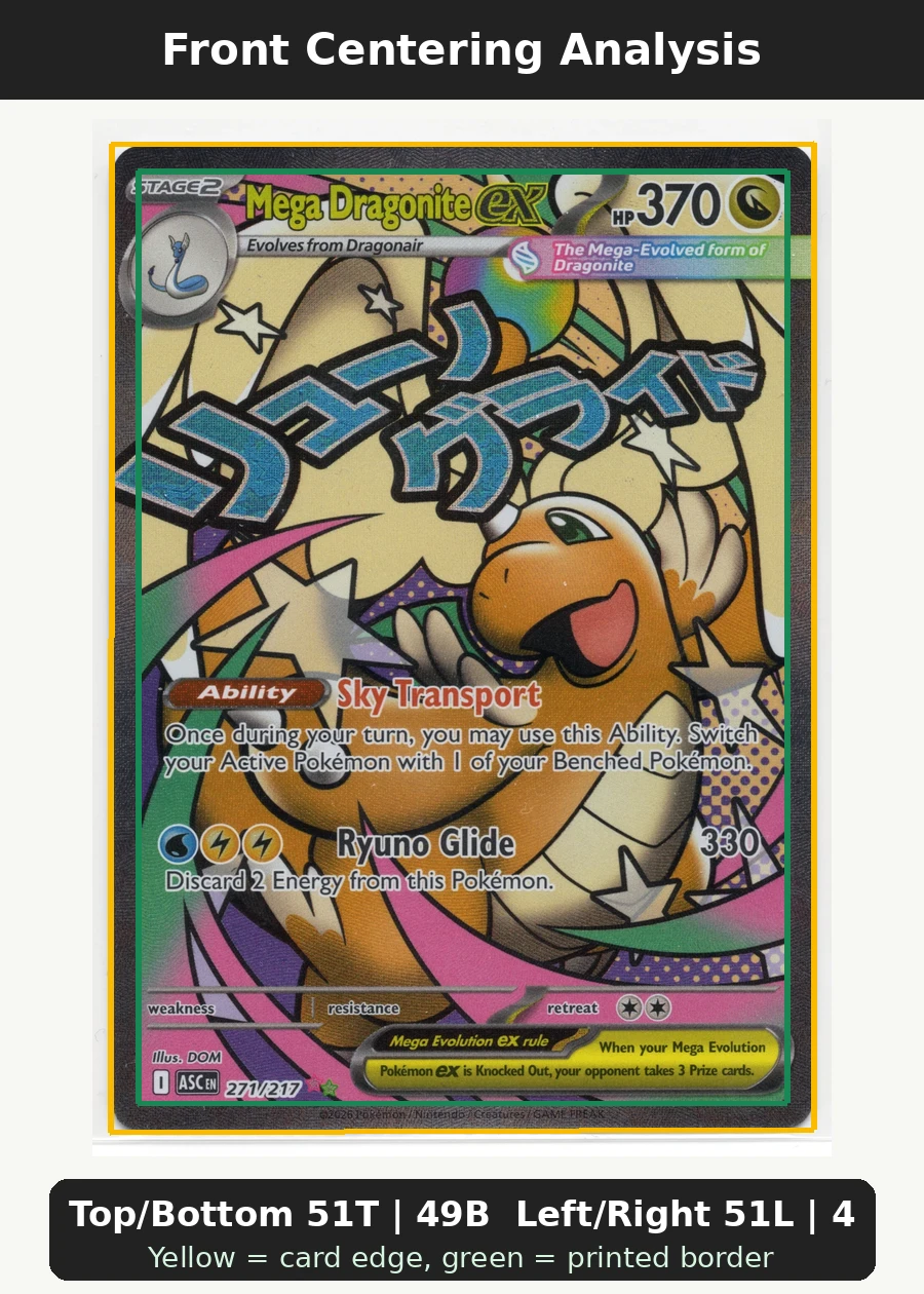 Mega Dragonite ex 271/217 Ascended Heroes front centering analysis showing Top/Bottom 51T | 49B and Left/Right 51L | 49R.