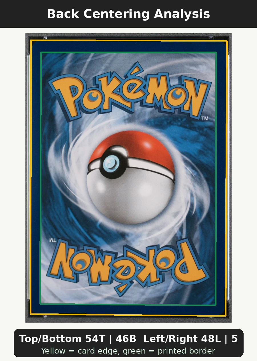 Kyurem EX 086/98 Ancient Origins back centering analysis showing Top/Bottom 54T | 46B and Left/Right 48L | 52R.