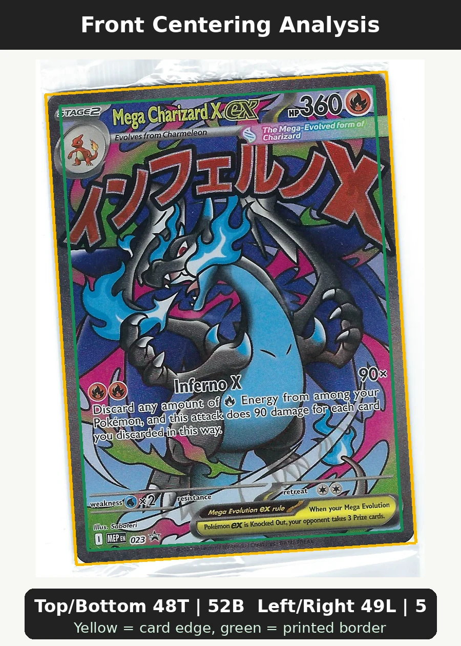 Mega Charizard X ex 023 MEP Black Star Promos front centering analysis showing Top/Bottom 48T | 52B and Left/Right 49L | 51R.