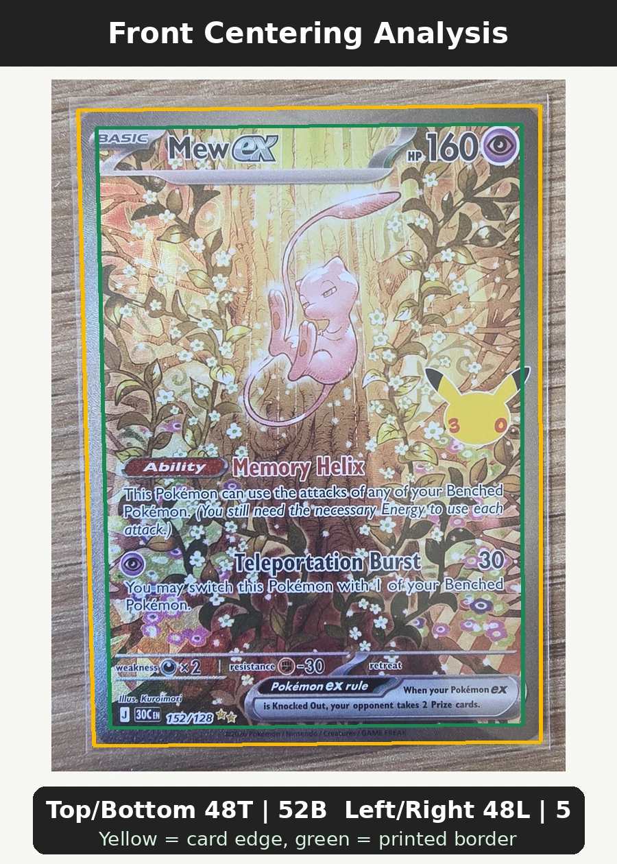 Mew ex 152/128 30th Celebration front centering analysis showing Top/Bottom 48T | 52B and Left/Right 48L | 52R.