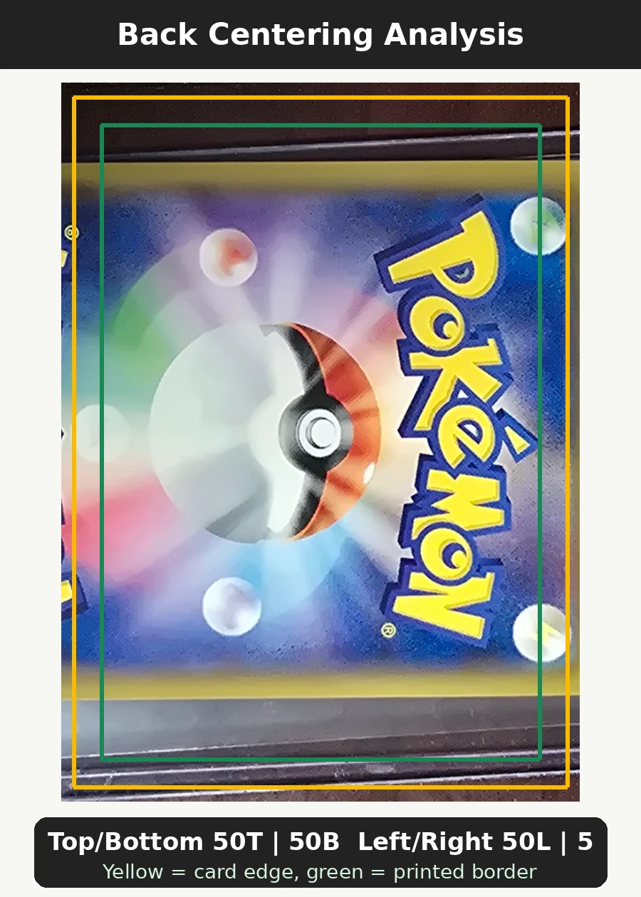 Pikachu 054/49 Dream League back centering analysis showing Top/Bottom 50T | 50B and Left/Right 50L | 50R.
